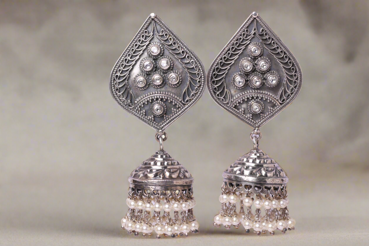 antique diamond engraved leaf jhumkas